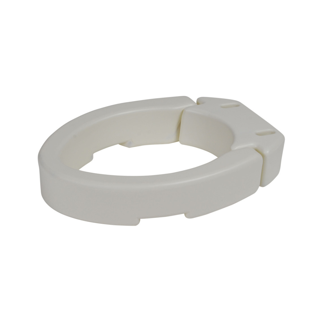 The Drive Hinged Toilet Seat Riser - 3.5 Inch is a white, plastic riser with an open front and contoured edges that fits standard toilets to provide added height, support, and improved bathroom safety.